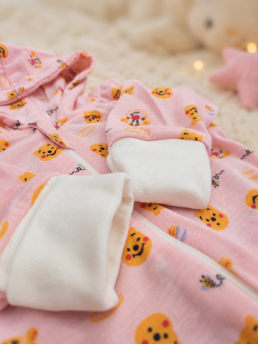 Ziva Hooded Knitted Cotton Baby Sleepsuit – Teddy & Tiger Friends Print | Soft Baby Pink