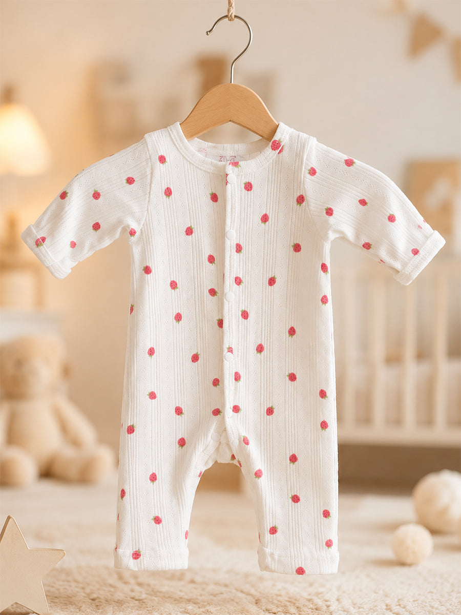 Ziva Baby Jumpsuit – Warm Cream | Tiny Strawberry Pointelle Print | Knitted Cotton Pointelle | Front Open Snap Button