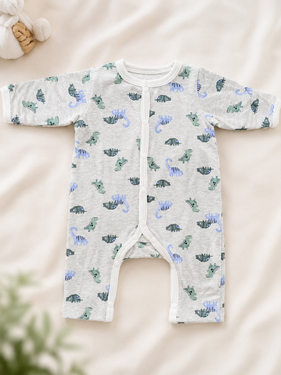 Ziva Baby Jumpsuit – Light Ash | Safari Dinosaur Print | Knitted Cotton | Front Open Snap Button