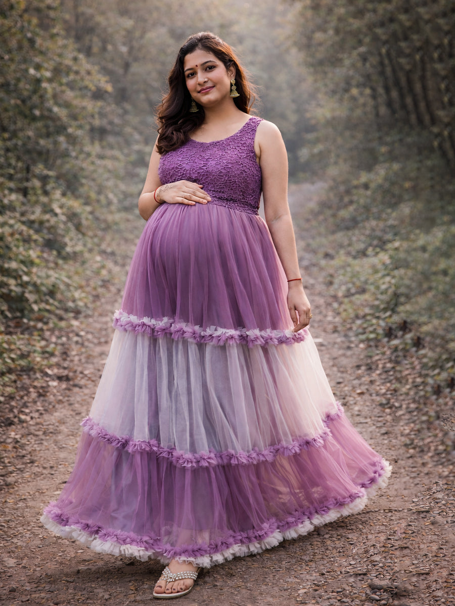 Ziva Maternity Photoshoot & Baby Shower Tiered Trail Gown – Mauve with Light Shade Layers