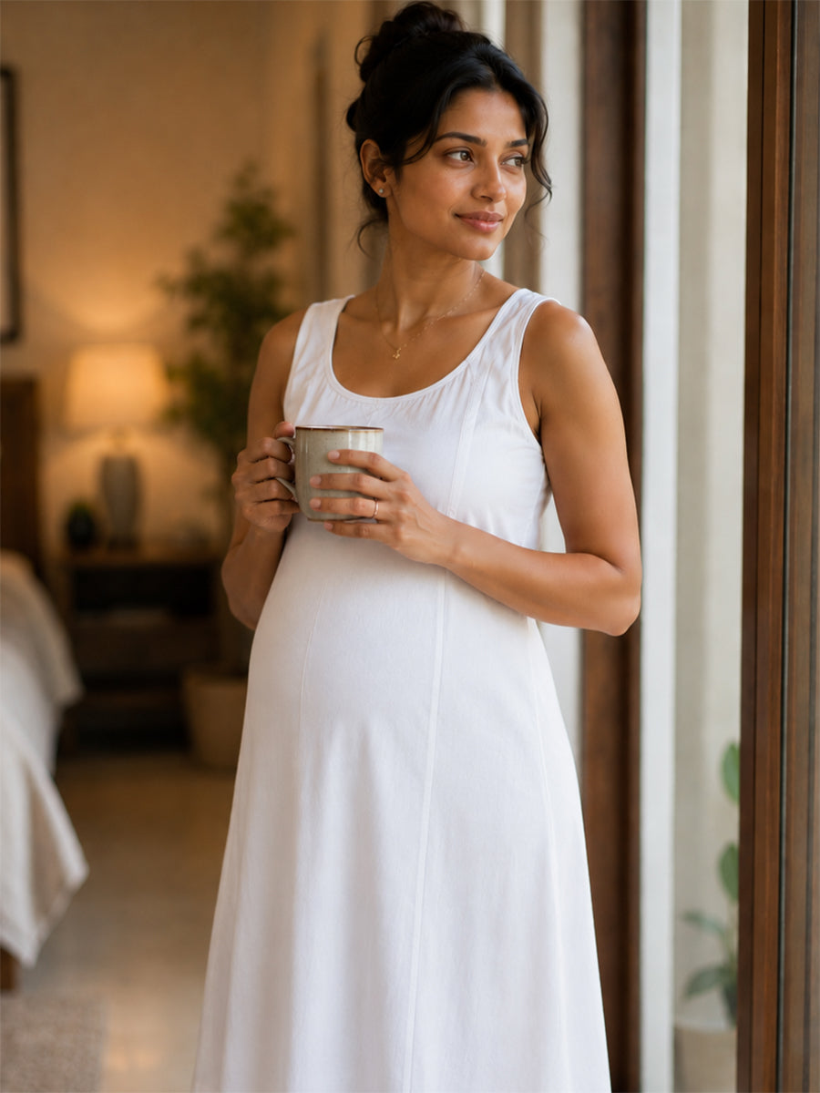 Ziva Maternity & Feeding Cotton Sleeveless Slip with Feeding Zip – White