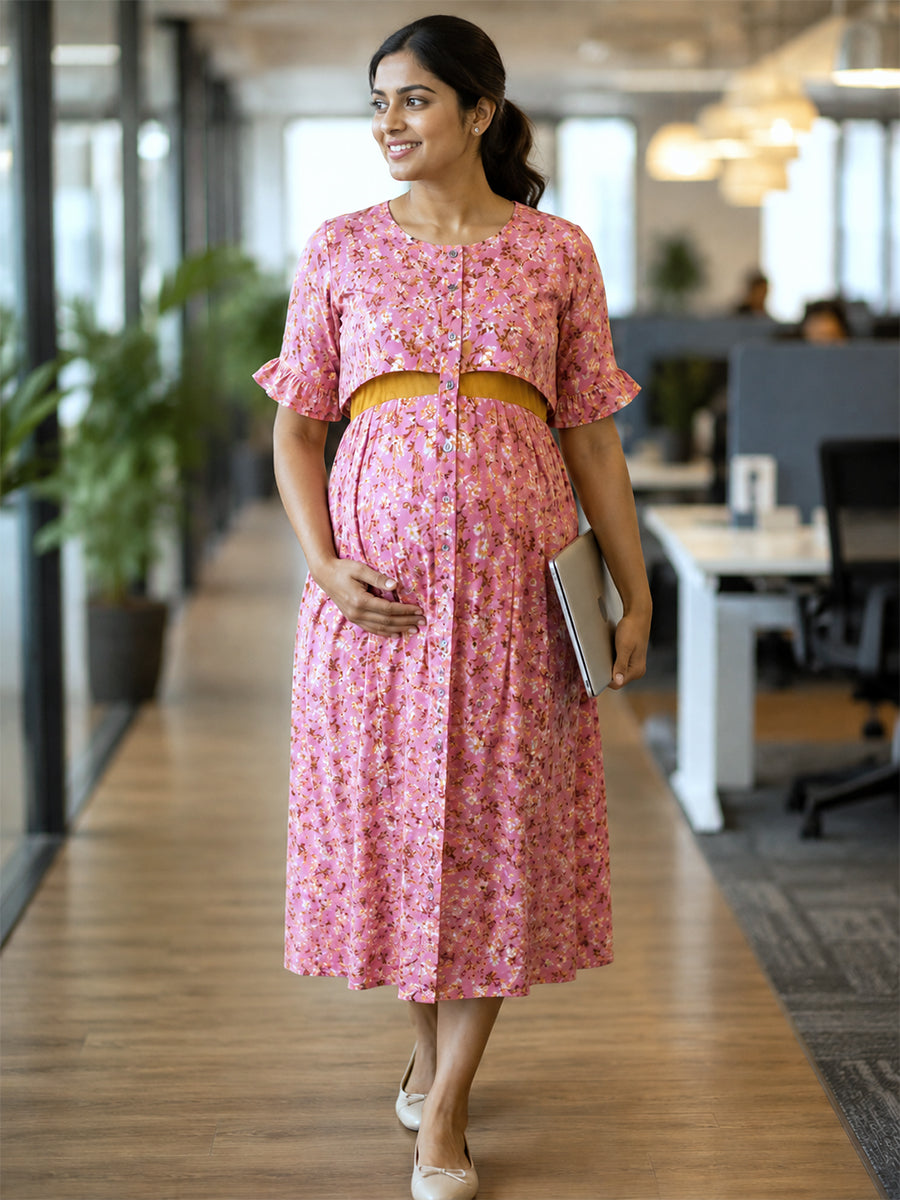 Ziva Maternity & Feeding Dress with Invisible Feeding Zip & Layered Yoke Flap Design – Pink Floral Print | Rayon