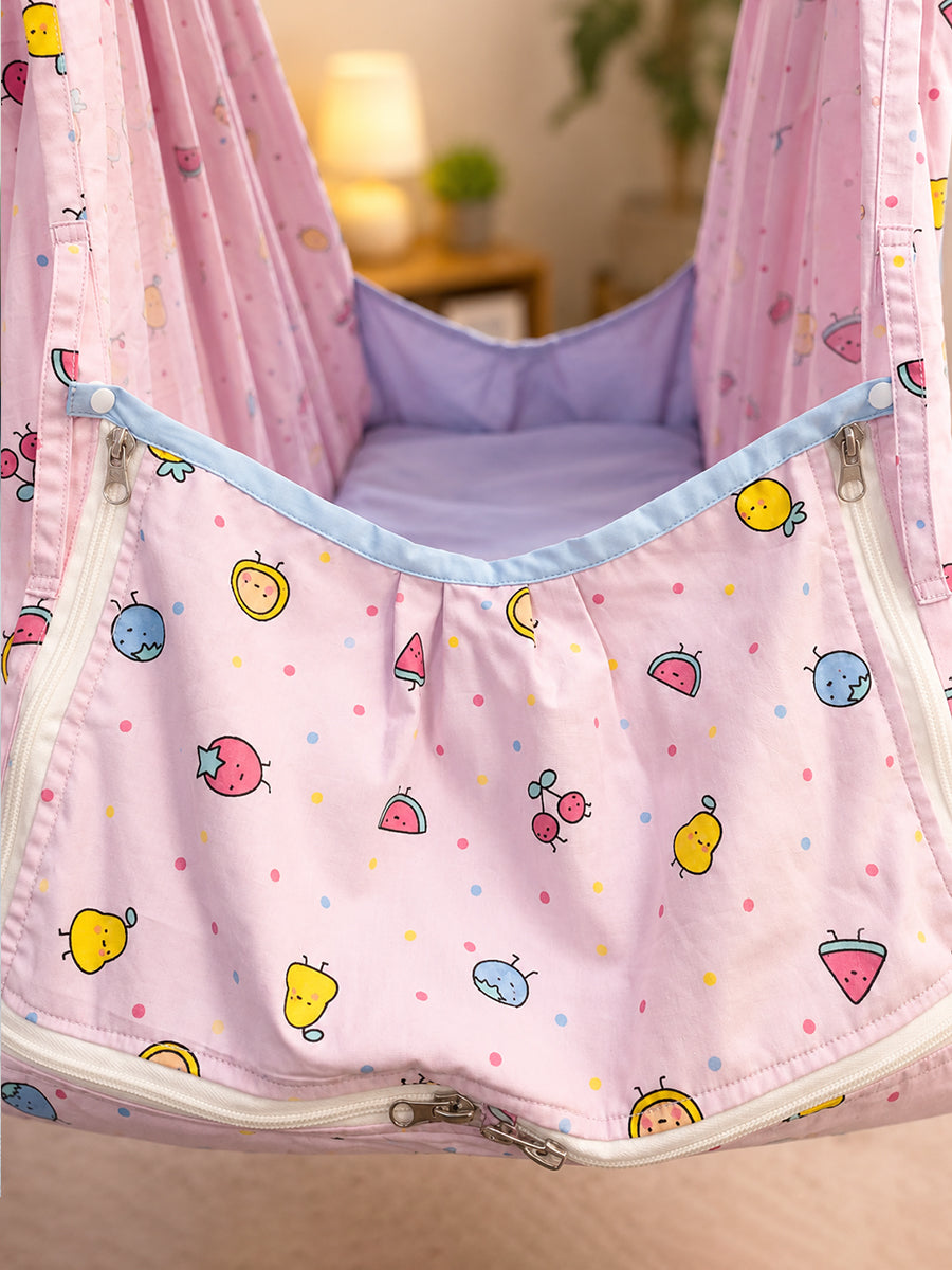 Ziva Multipurpose Cotton Baby Cradle with Bed & Convertible Swing Chair – Baby Pink Cartoon Fruit Print
