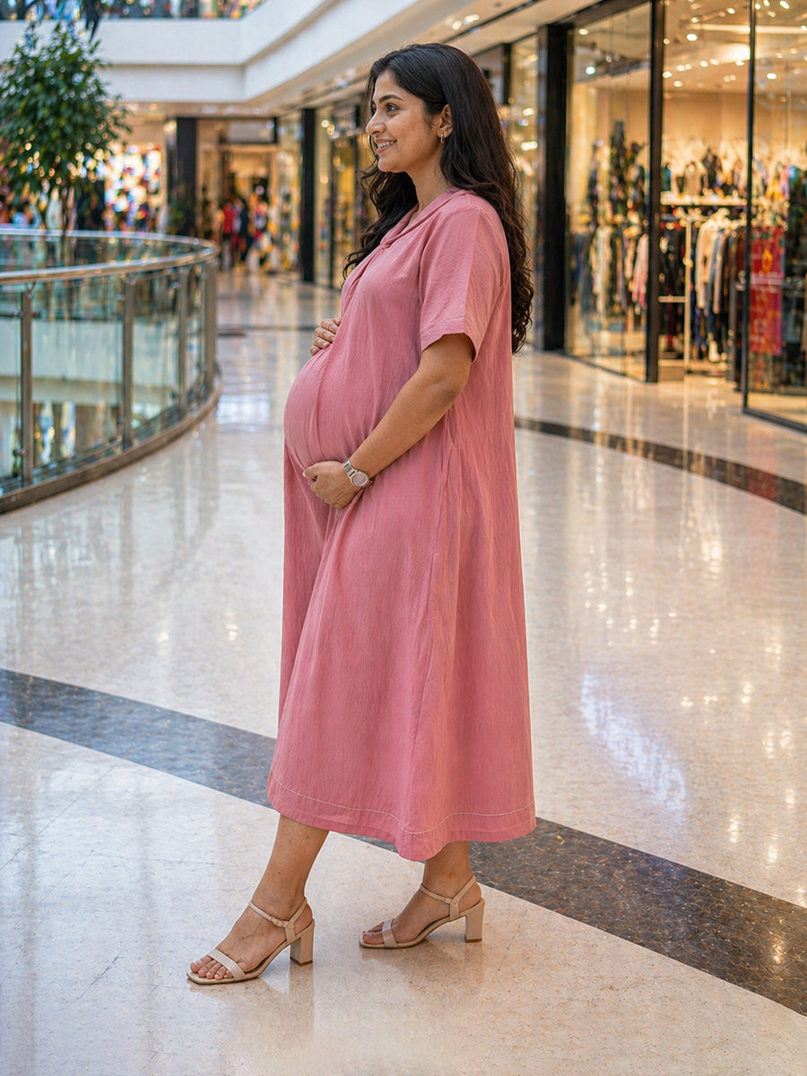 Ziva Maternity & Feeding  A-Line Dress with Zip & Pocket – Faded Pink
