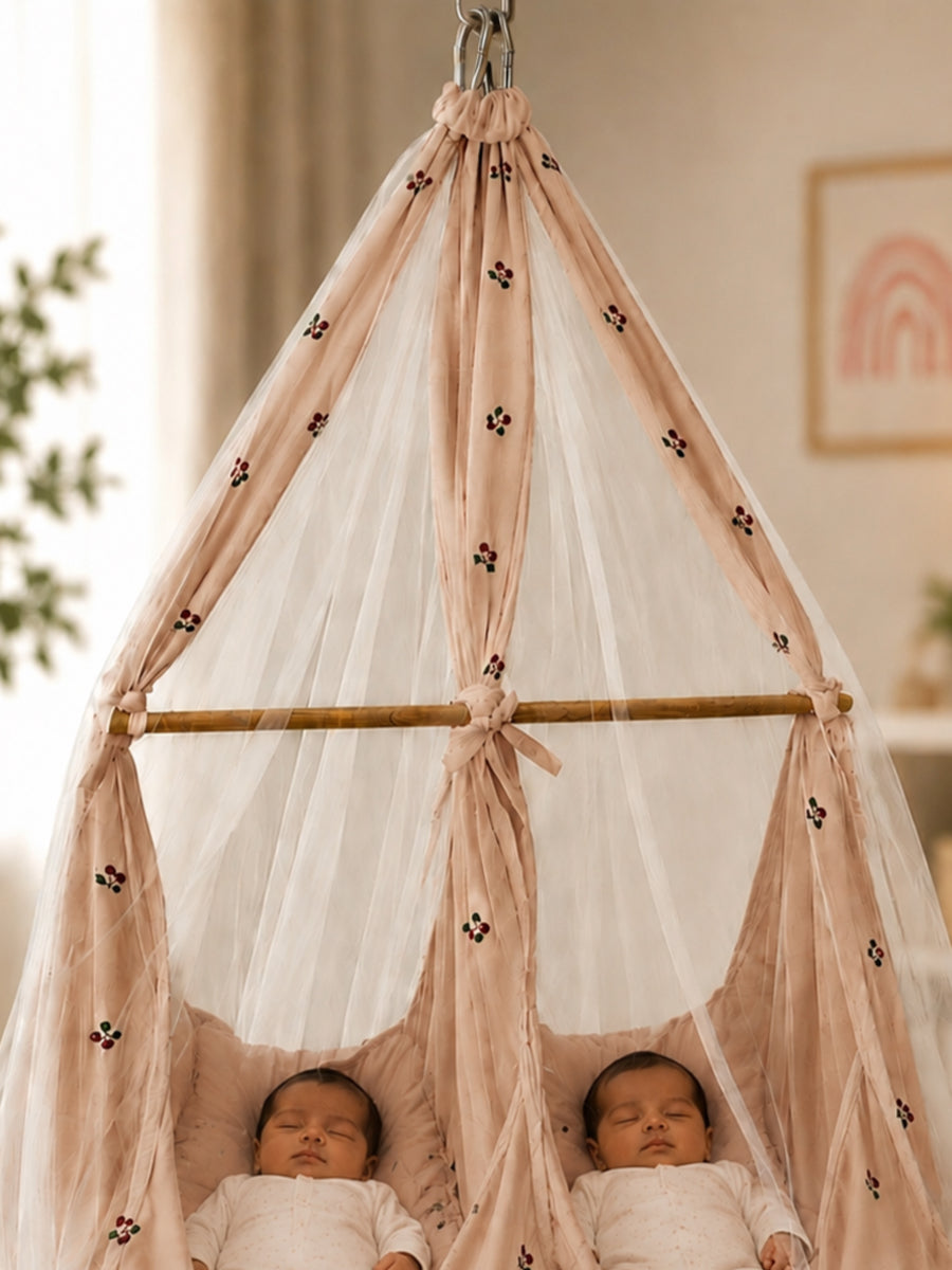 Ziva Exclusive Twin Organic Cotton Cradle with Bed & Convertible Swing Chair – Peach Brown Cherry Print