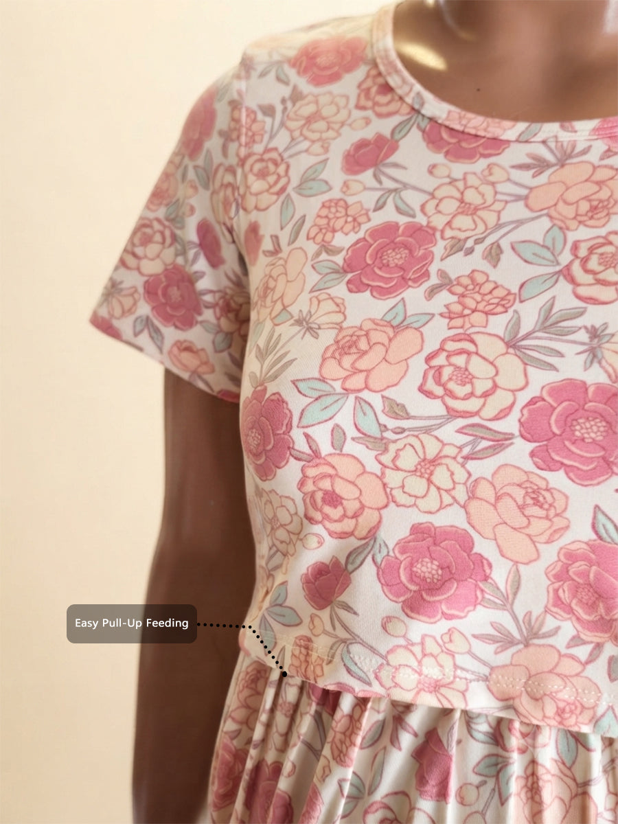 Ziva Zipless Maternity & Feeding Knitted Dress with Adjustable Tie & Side Pocket – Vintage Rose Garden Print