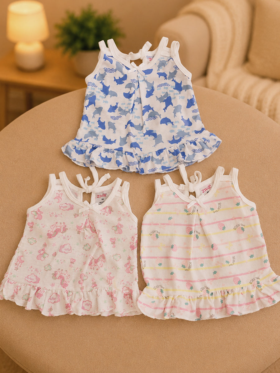 Ziva Premium Knitted Cotton Baby Frock – Breathable Mesh Fabric with Adjustable Shoulder Tie | Assorted Prints | 3 Pieces