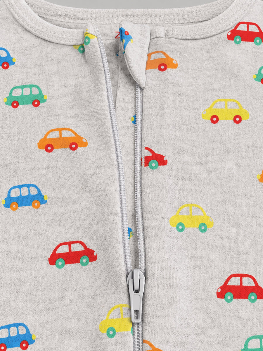 Ziva Baby Sleepsuit with Cap – Knitted Cotton Front Zip, Fold-Over Mittens & Integrated Booties | Soft Heather Grey | Happy Little Cars Print