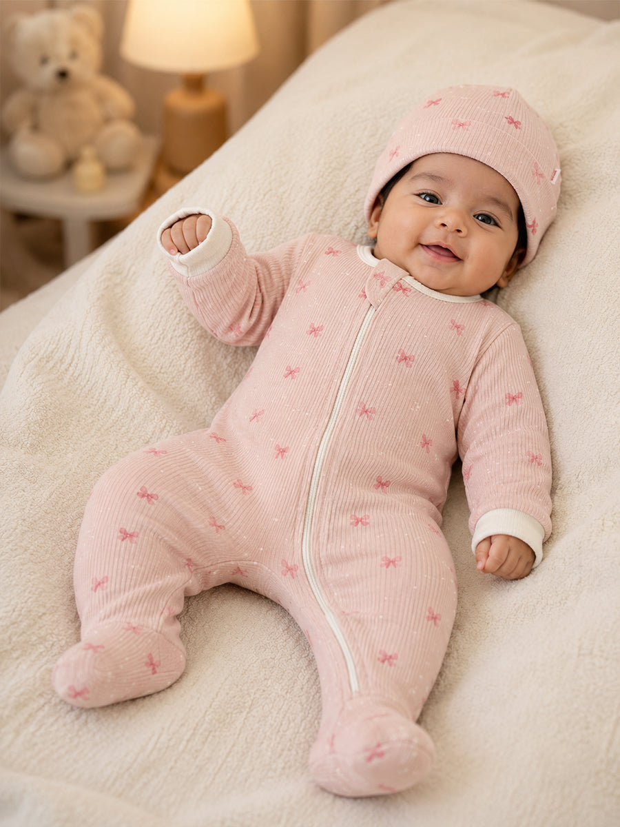 Ziva Baby Sleepsuit with Cap – Knitted Cotton Front Zip, Fold-Over Mittens & Integrated Booties | Blush Peach Pink | Tiny Butterfly Print