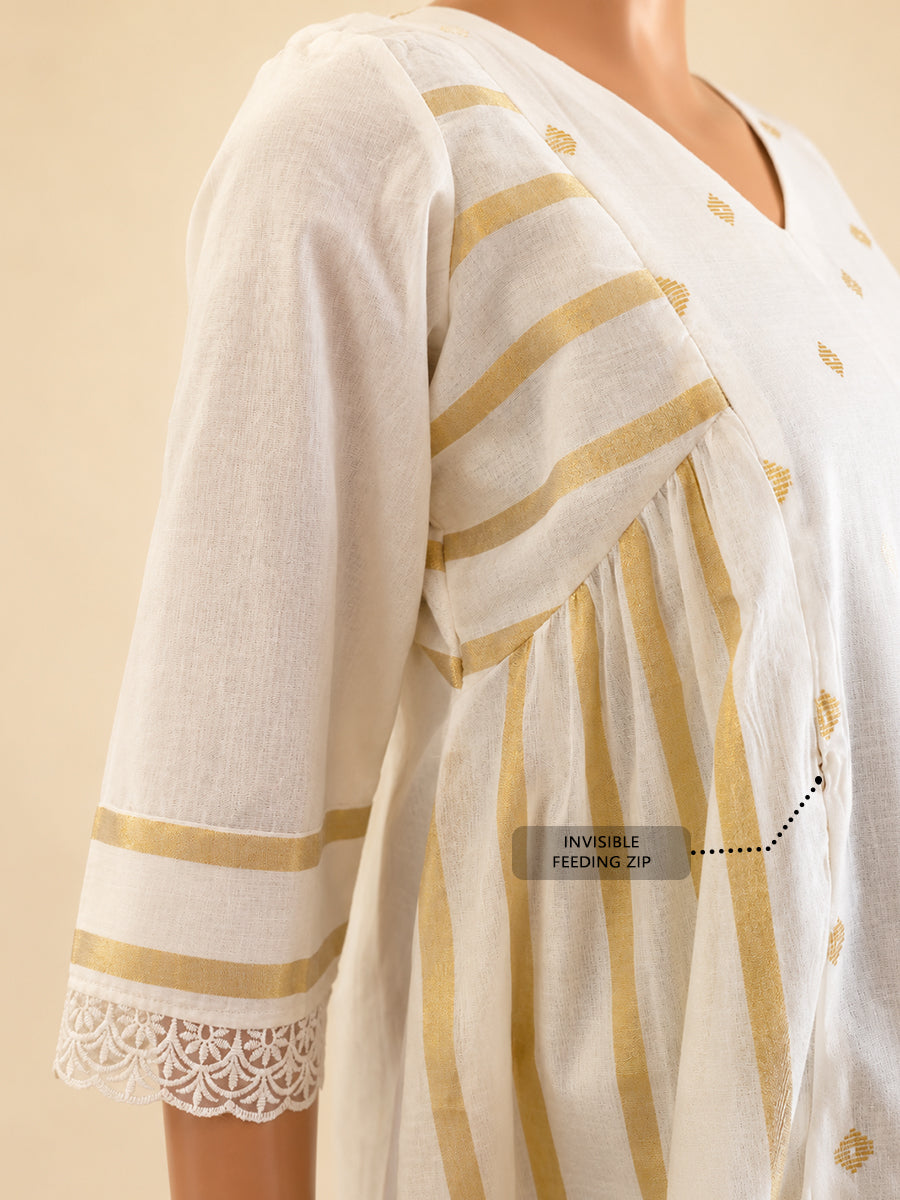 Ziva Onam Maternity & Feeding Dress | Onakodi | Light Cream Handloom Cotton with Gold Stripes | Invisible Feeding Zips & Side Pocket