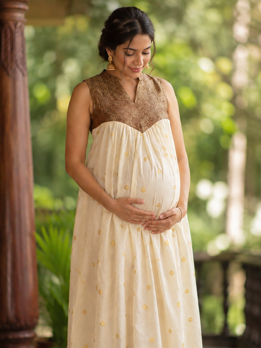Ziva Onam Maternity & Feeding Sleeveless Dress | Onakodi | Light Cream Handloom Cotton with Caramel Brown Banarasi Yoke | Hidden Feeding Zips & Side Pocket
