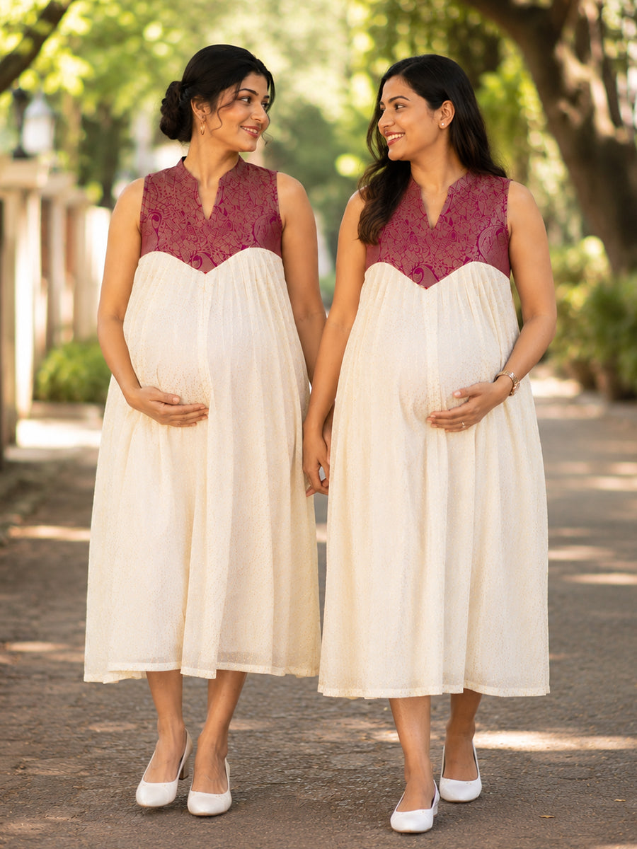 Ziva Onam Maternity & Feeding Sleeveless Dress | Onakodi | Light Cream Handloom Cotton with Burgundy Banarasi Yoke | Hidden Feeding Zips & Side Pocket