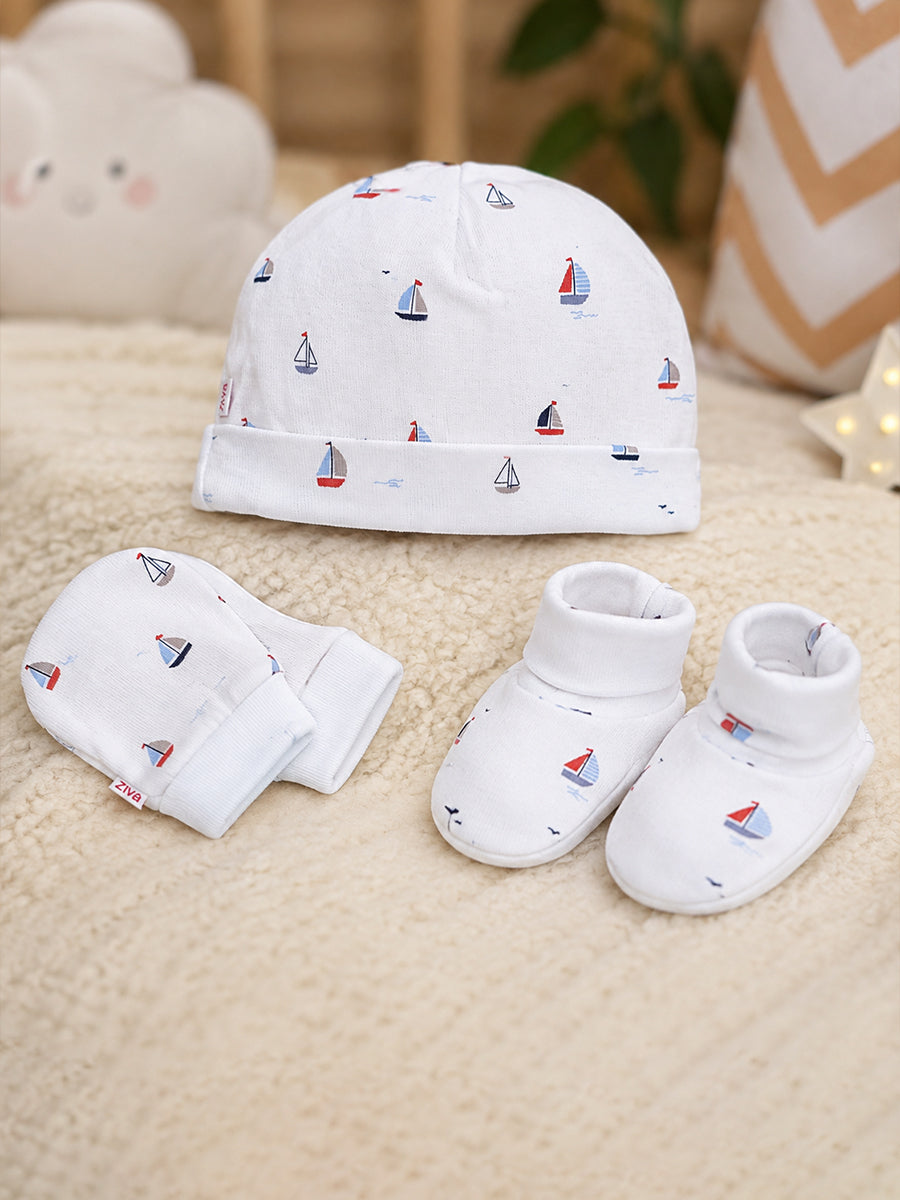 Ziva Baby Cap, Mitten & Bootie Set – Sailboat Print | Knitted Cotton