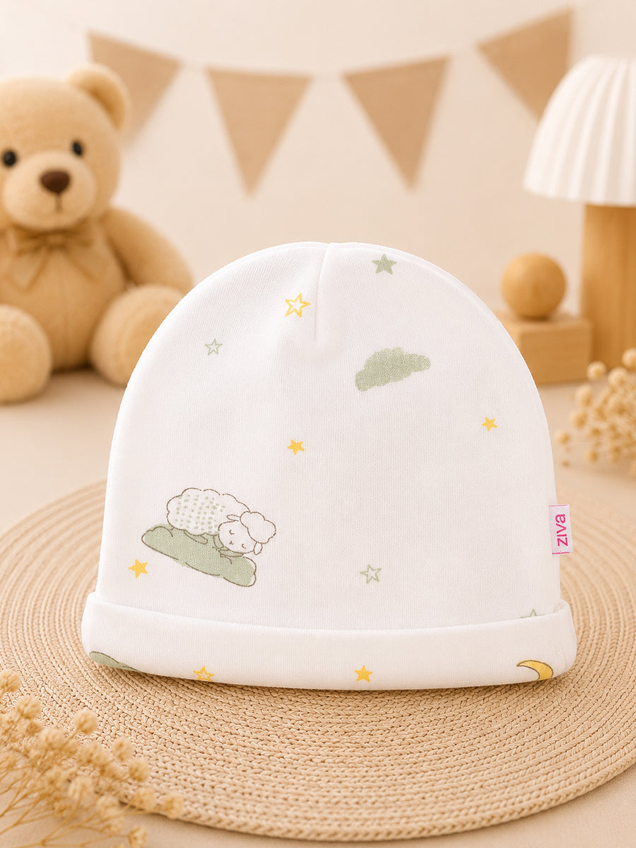 Ziva Baby Cap, Mitten & Bootie Set – Little Lamb & Stars Print | Knitted Cotton
