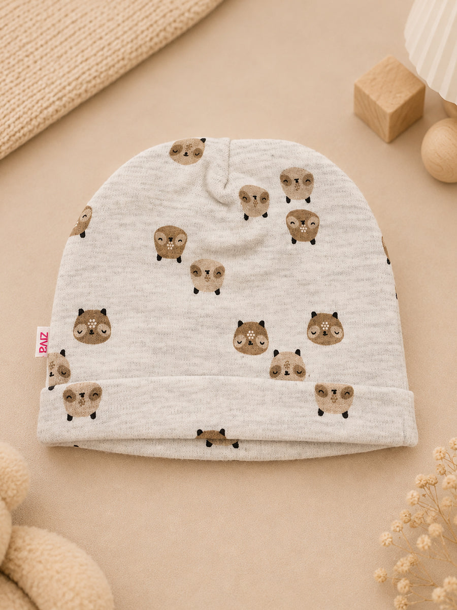 Ziva Baby Cap, Mitten & Bootie Set – Cute Owl Print | Knitted Cotton