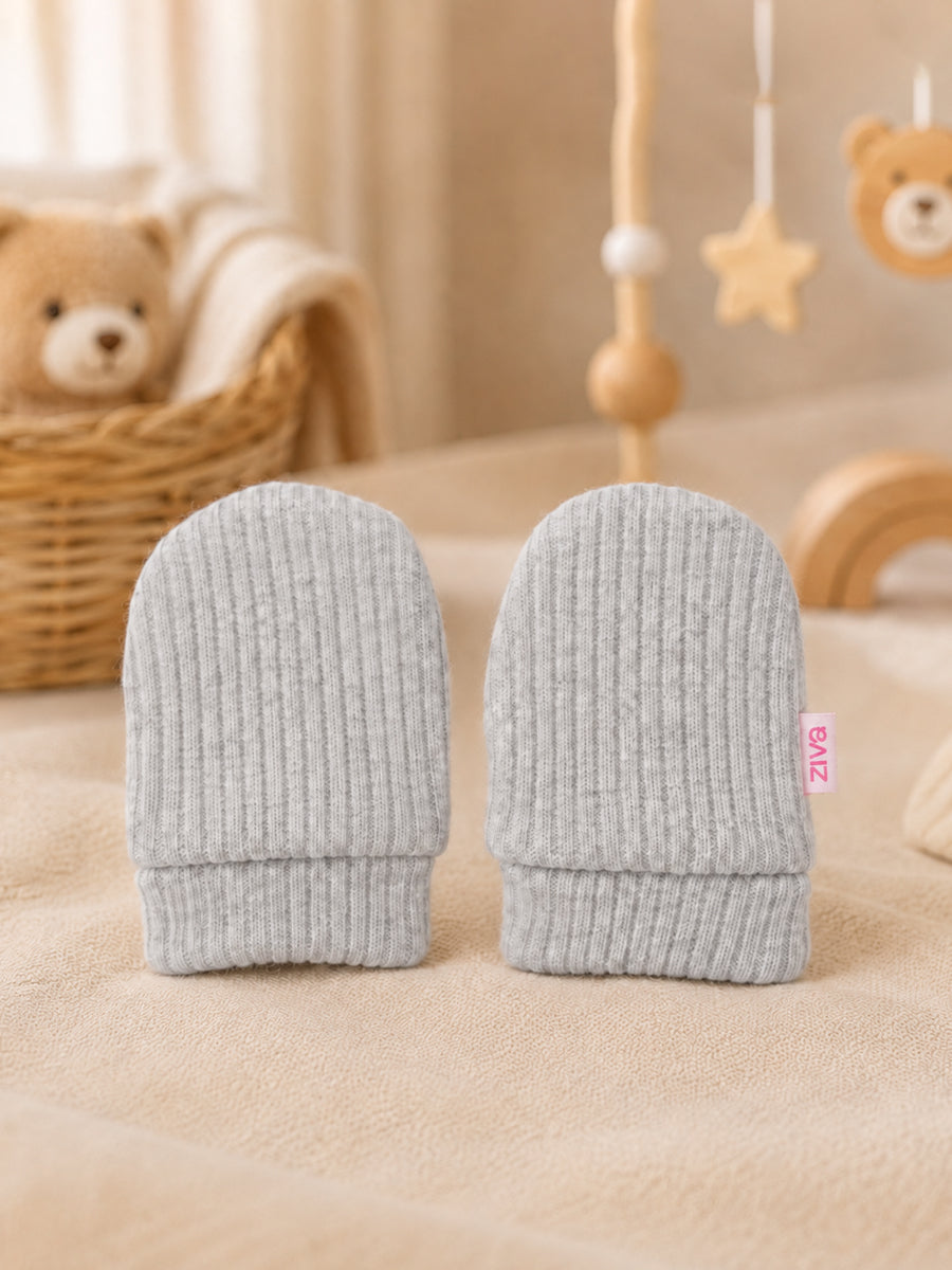 Ziva Baby Cap, Mitten & Bootie Set – Solid Grey Ribbed | Knitted Cotton