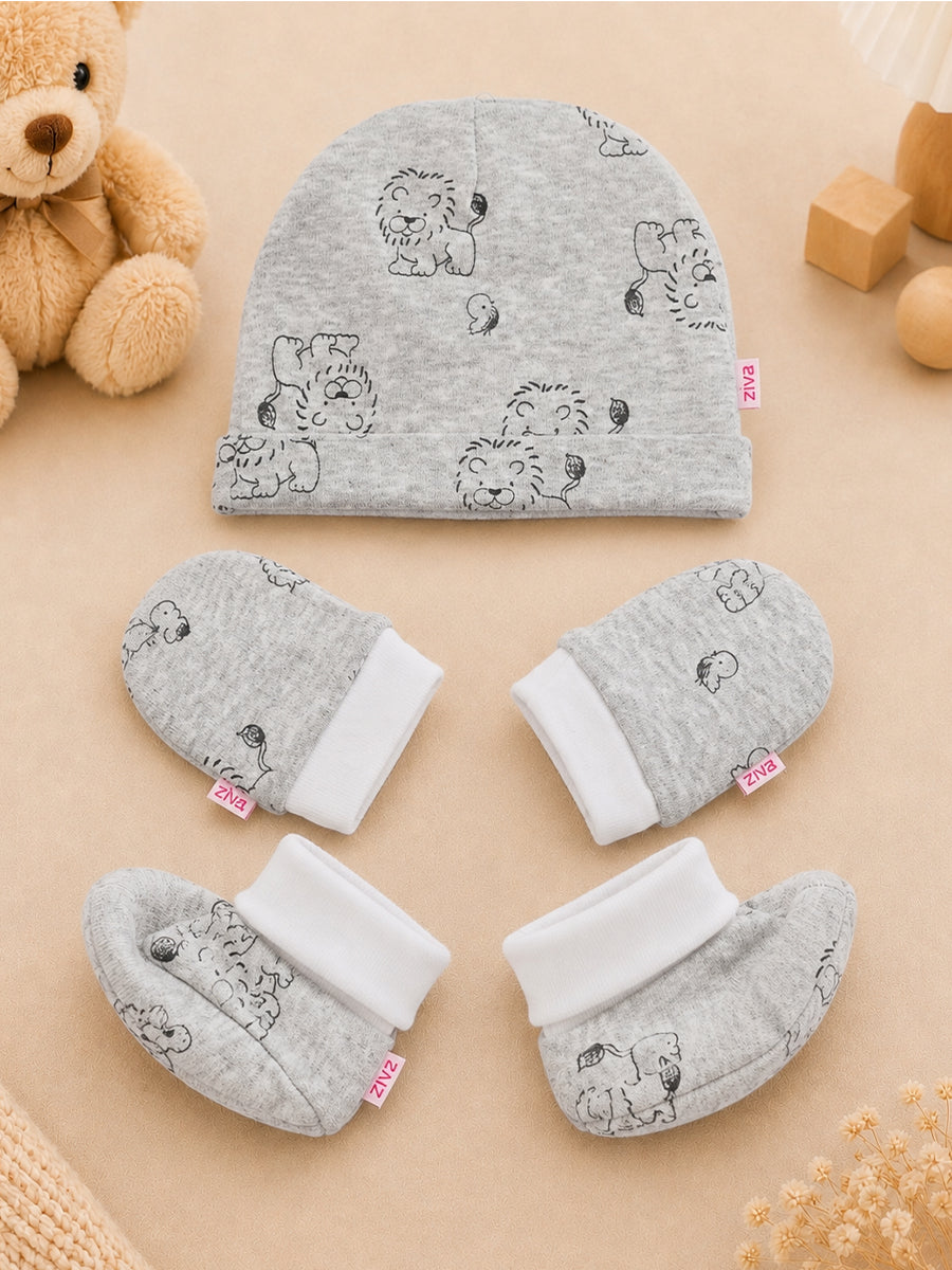 Ziva Baby Cap, Mitten & Bootie Set – Cute Lion Print | Knitted Cotton