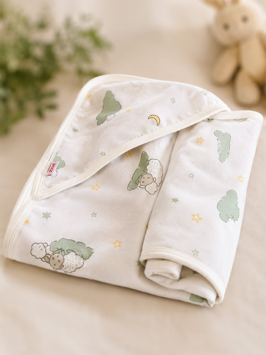 Ziva Baby Hooded Towel –   White | Sleeping Lamb, Moon & Star Print | 100% Knitted Cotton