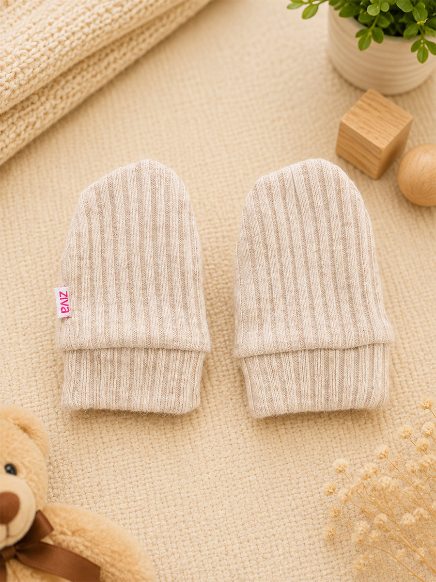 Ziva Baby Cap, Mitten & Bootie Set – Solid Light Grey Ribbed | Knitted Cotton