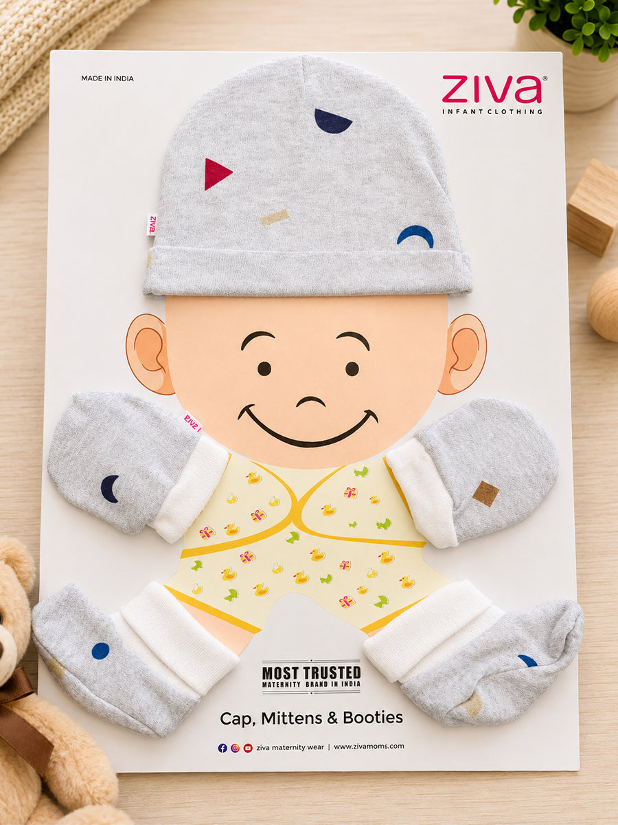 Ziva Baby Cap, Mitten & Bootie Set – Geometric Shapes Print | Knitted Cotton