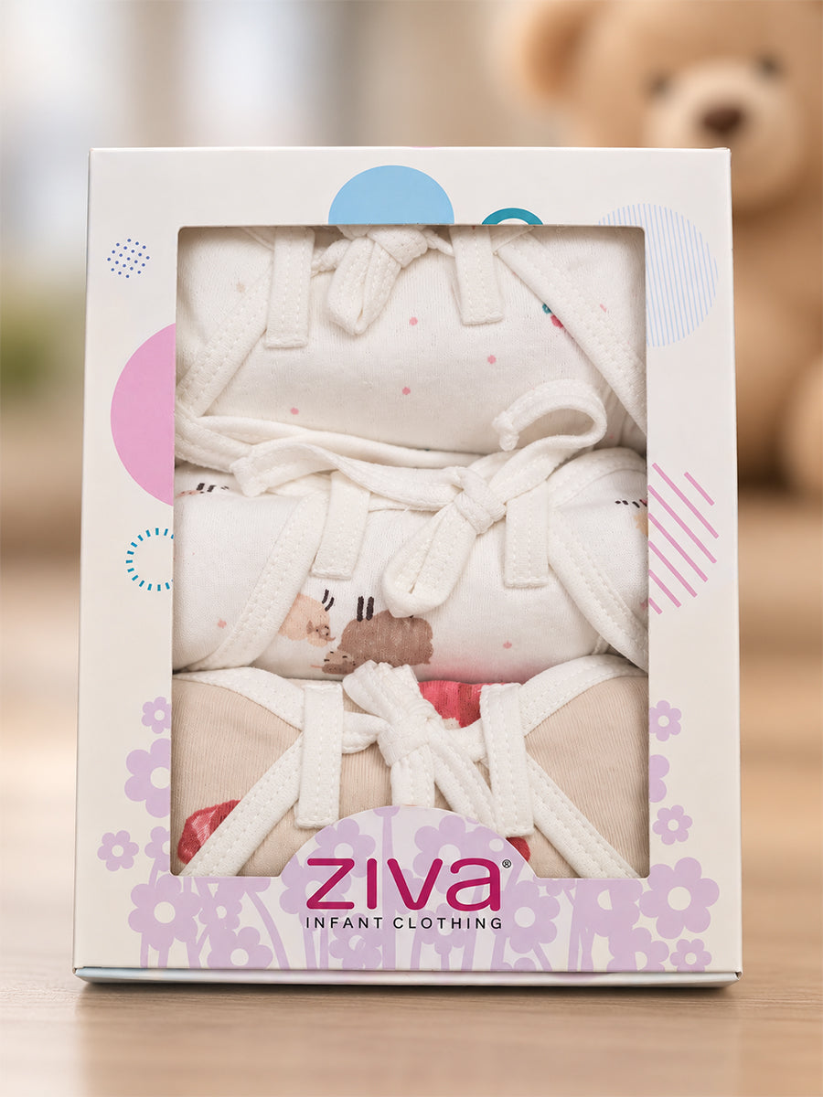 Ziva 3 Piece Nappy – Unisex | Premium Adjustable Tie Nappy | Knitted Cotton | Lightly Padded Attached Insert | Assorted White, Off-White & Beige Prints(Print Details: Check Product Description)