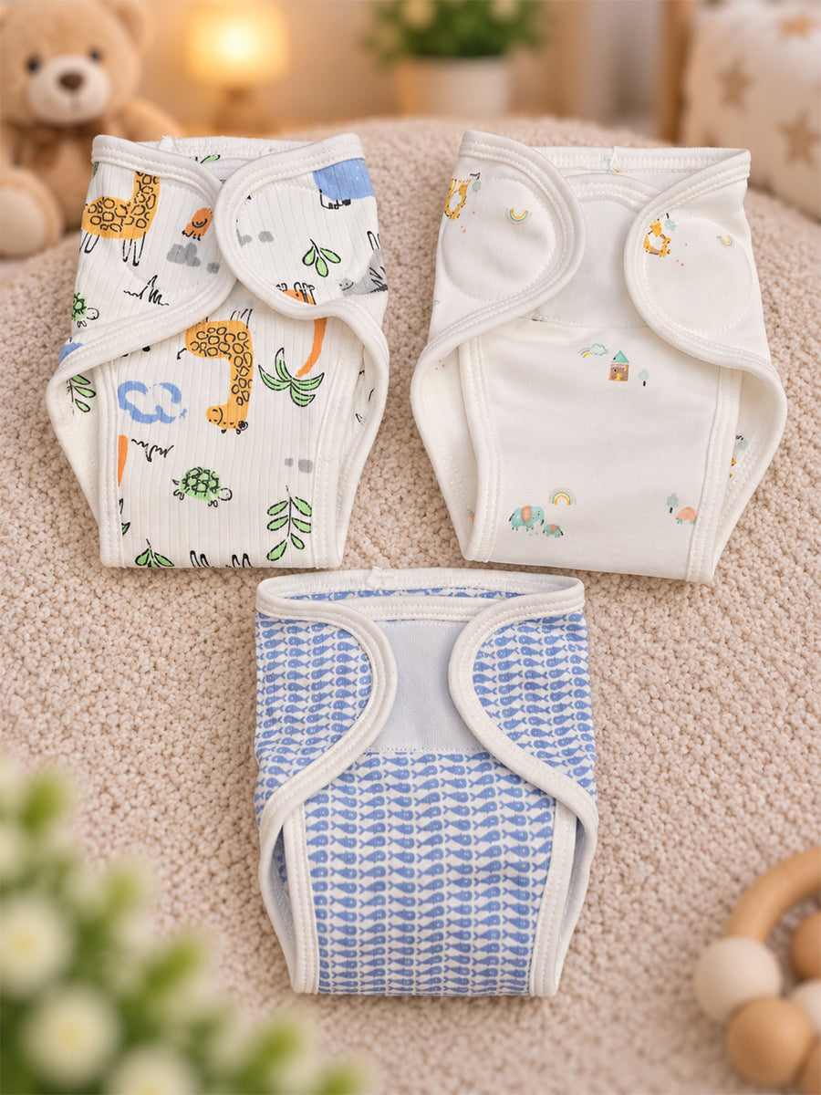 Ziva 3 Piece Velcro Nappy – Baby Boy | Premium Knitted Cotton | Lightly Padded Attached Insert | Assorted White, Off-White & Blue Prints