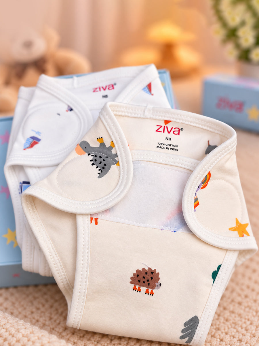 Ziva 3 Piece Velcro Nappy – Baby Boy | Premium Knitted Cotton | Lightly Padded Attached Insert | Assorted White & Off-White Prints