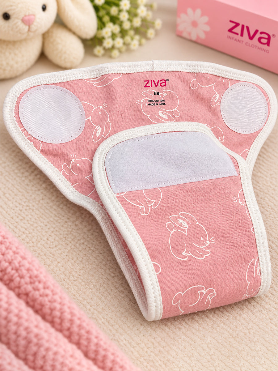 Ziva 3 Piece Velcro Nappy – Baby Girl | Premium Knitted Cotton | Lightly Padded Attached Insert | Assorted Off-White, White & Pink Prints