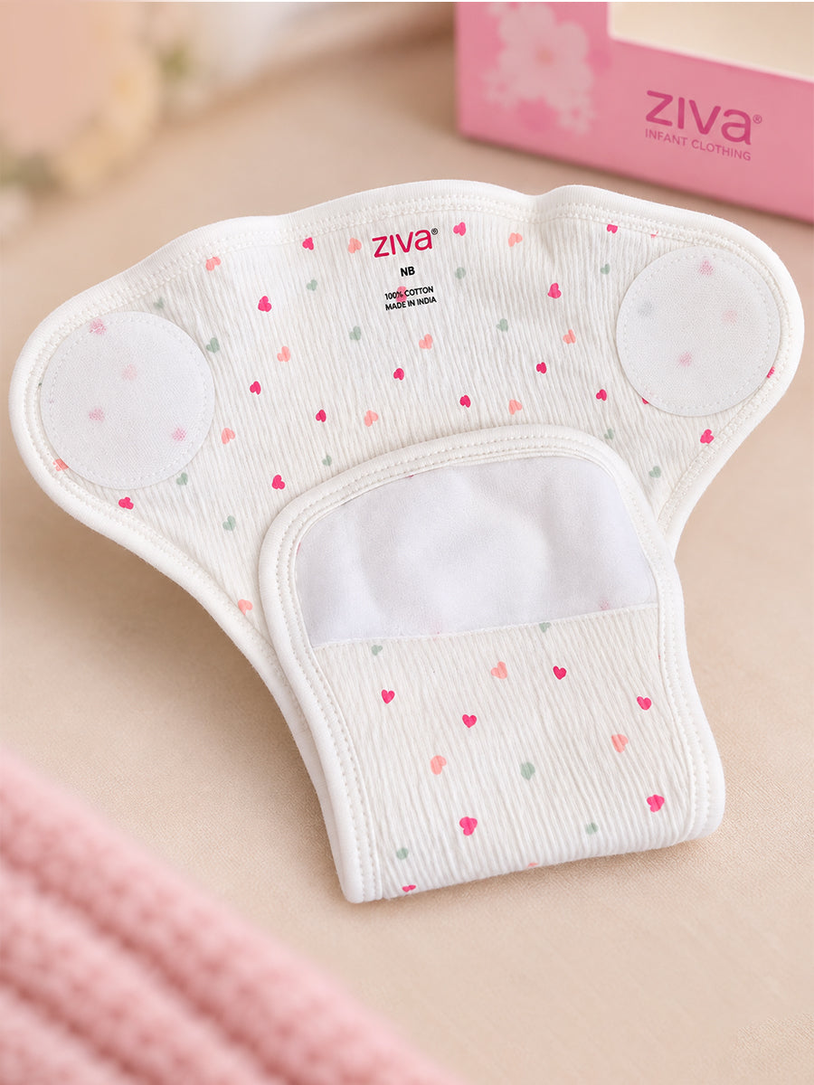 Ziva 3 Piece Velcro Nappy – Baby Girl | Premium Knitted Cotton | Lightly Padded Attached Insert | Assorted Pink & Off-White Prints