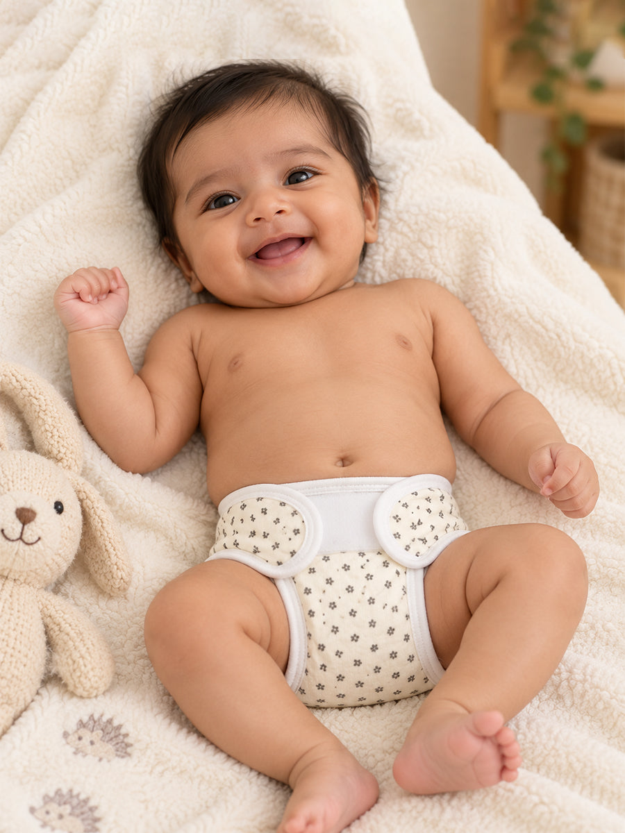 Ziva 3 Piece Velcro Nappy – Unisex | Premium Knitted Cotton | Lightly Padded Attached Insert | Assorted Beige, White & Off-White Prints
