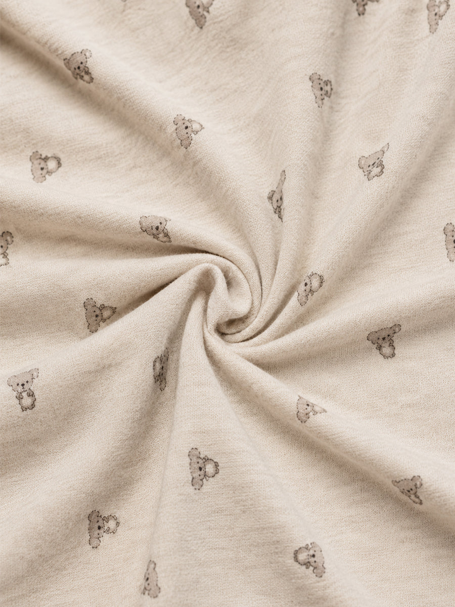 Ziva Baby Hooded Towel – Light Cream Greyish | Tiny Teddy Bear Print | Soft Knitted Cotton