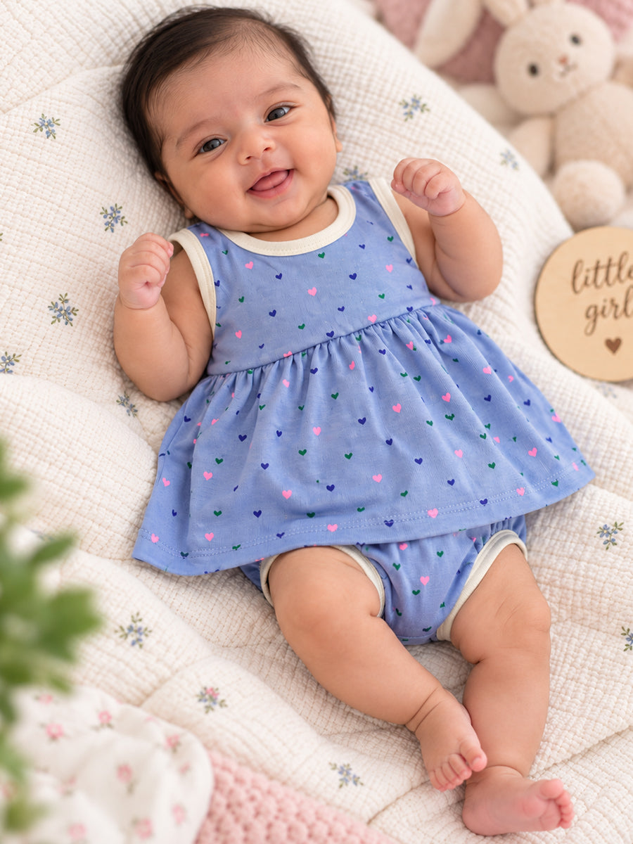 Ziva Baby Girl Frock with Pantie – Periwinkle Blue Tiny Heart Print | Premium Knitted Cotton | Back Adjustable Tie | 2-Piece Set