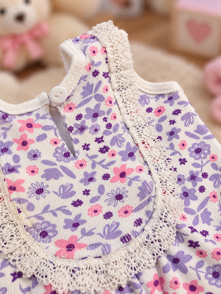 Ziva Baby Girl Frock with Pantie – Lavender & Pink Floral Print | Premium Knitted Cotton | White Lace Yoke | 2-Piece Set