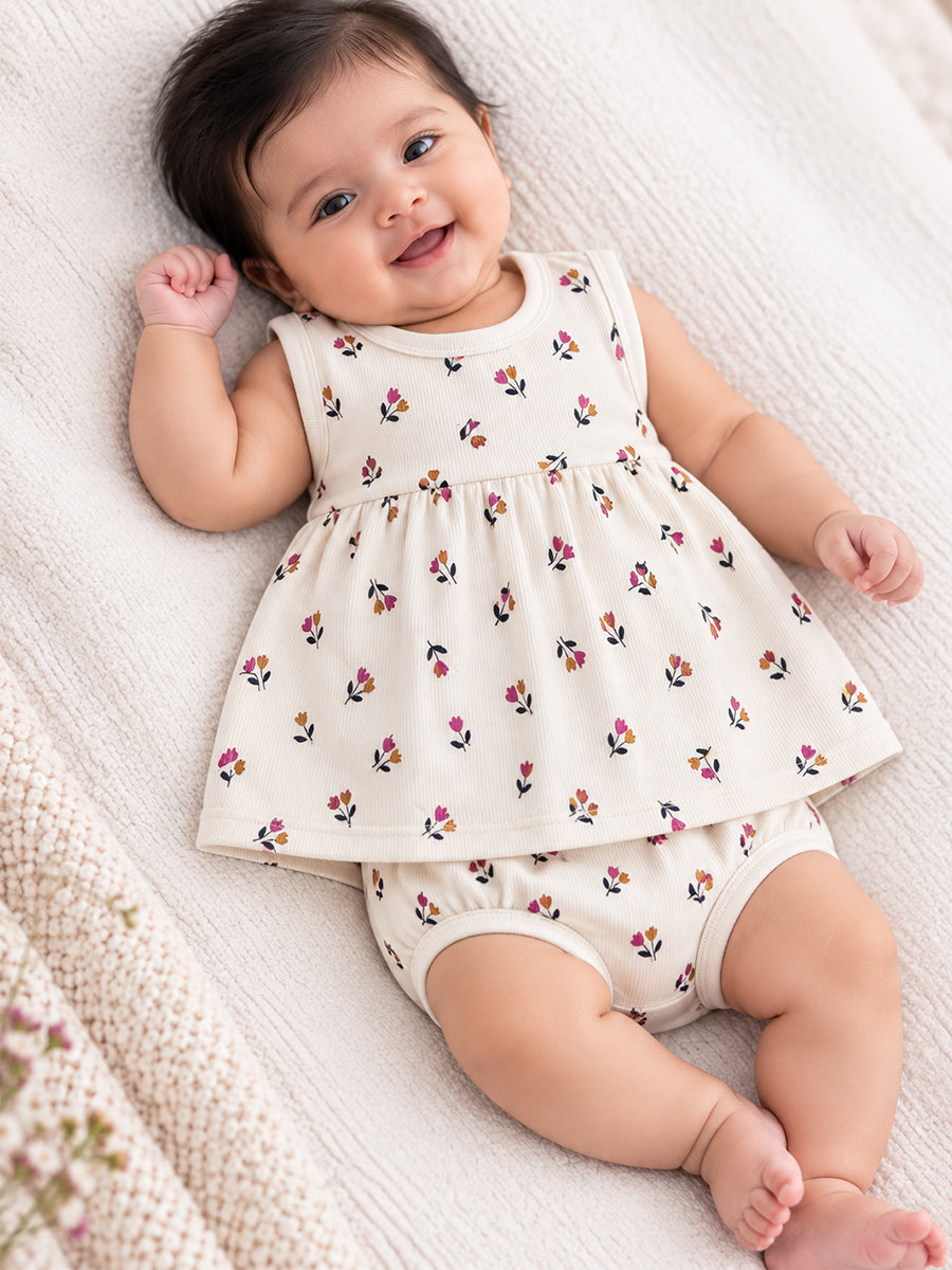 Ziva Baby Girl Frock with Pantie – Off White Tiny Tulip Floral Print | Premium Knitted Cotton | Back Knot Tie | 2-Piece Set