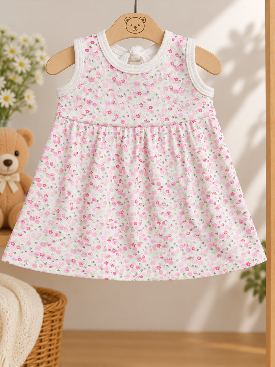 Ziva Baby Girl Frock with Pantie – Off White Pink Blossom Print | Premium Knitted Cotton | Back Knot Tie | 2-Piece Set