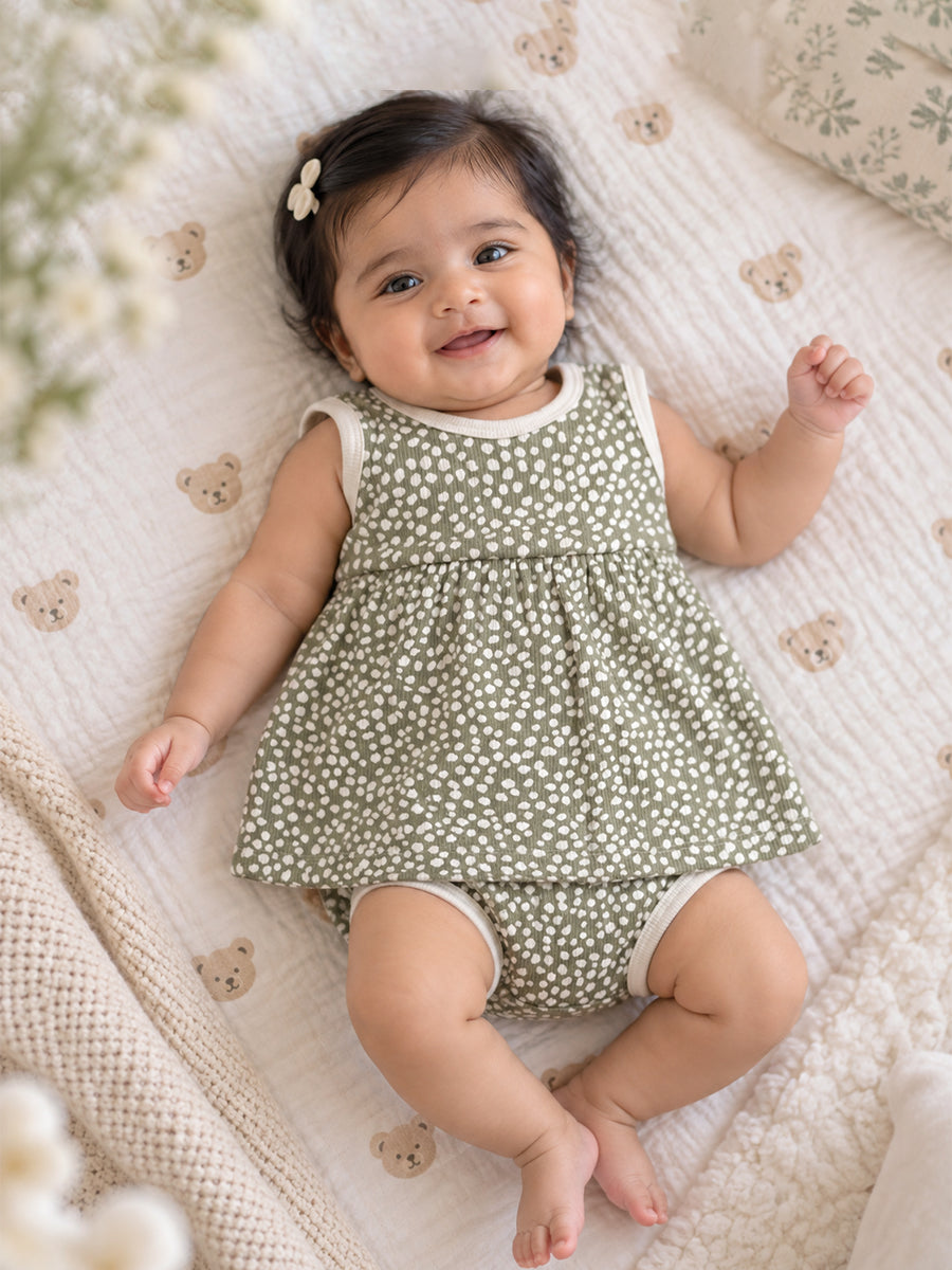 Ziva Baby Girl Frock with Pantie – Olive Sage White Pebble Print | Premium Knitted Cotton | Back Knot Tie | 2-Piece Set