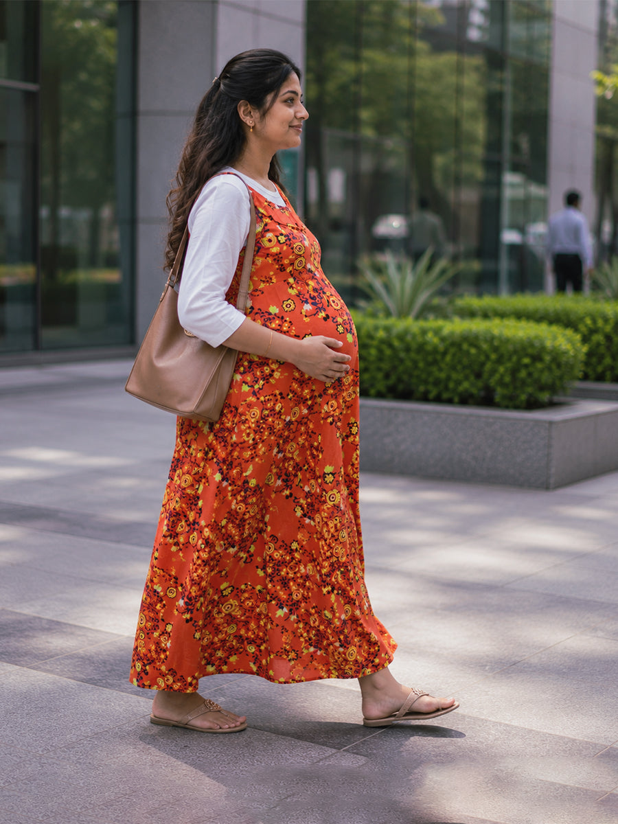 Ziva Maternity & Feeding Rayon Full Gown with Knitted Cotton Inner Baniyan & Invisible Feeding Zips