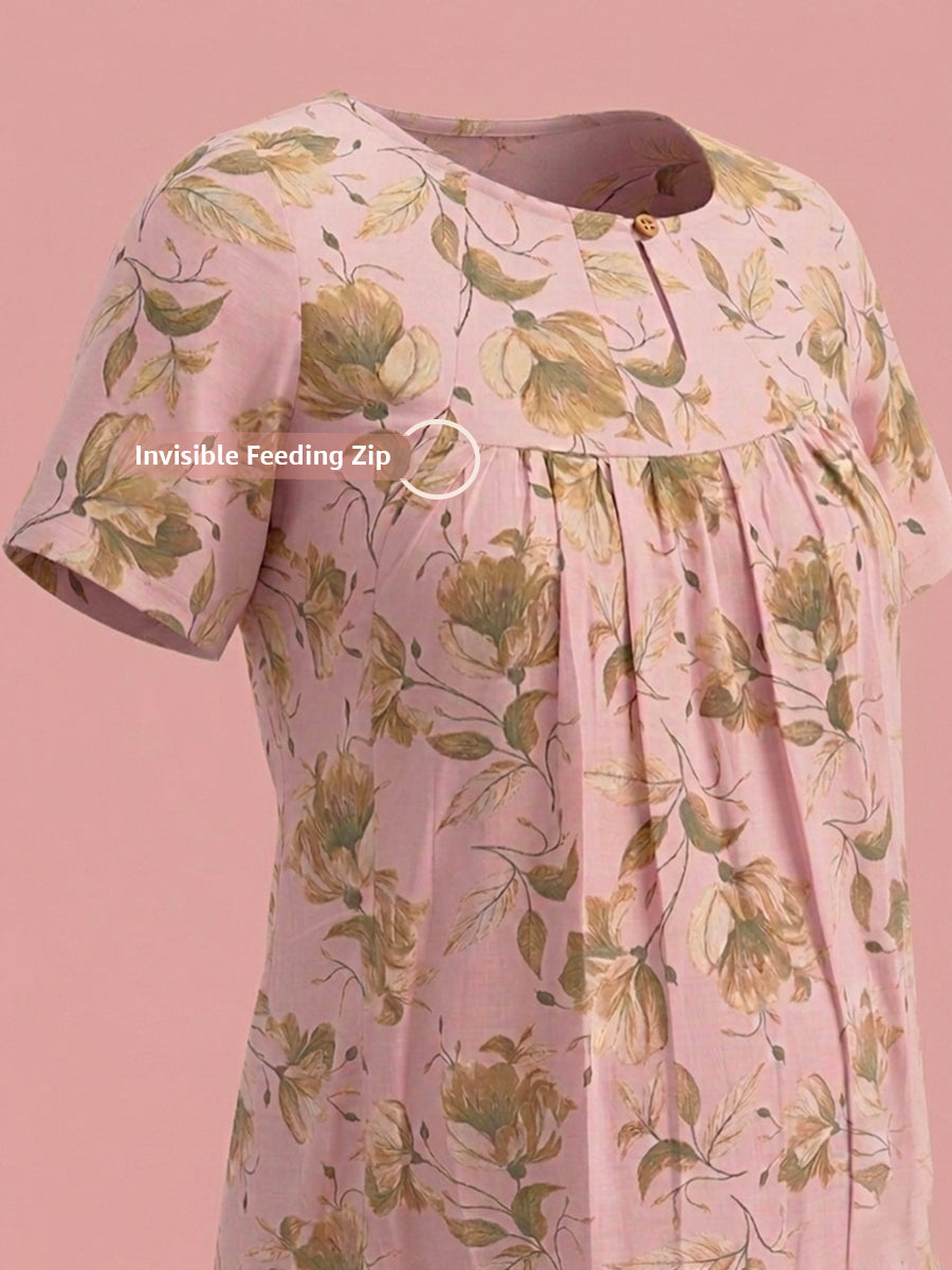 Ziva Maternity & Feeding Cotton Short Nighty with Zip & Pocket – Light Pink Floral