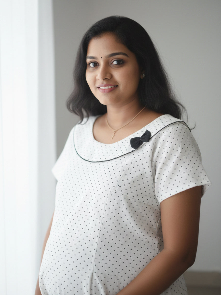 White Polka Dot Printed Cotton Feeding Nighty with Dual Nursing Zips | Ziva