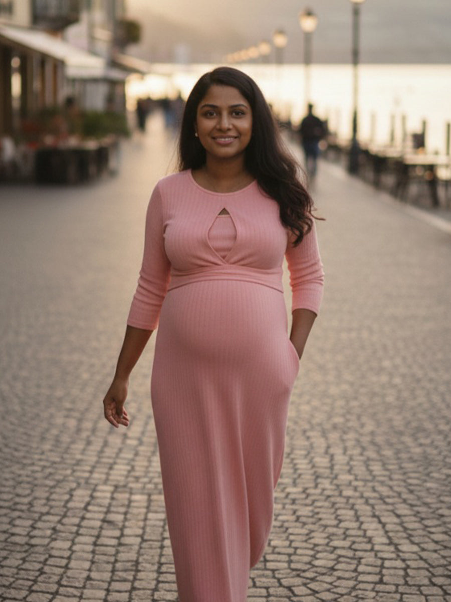Pink Solid Twisty Knit Cotton Maternity Dress – Zipless Feeding Access | Ziva