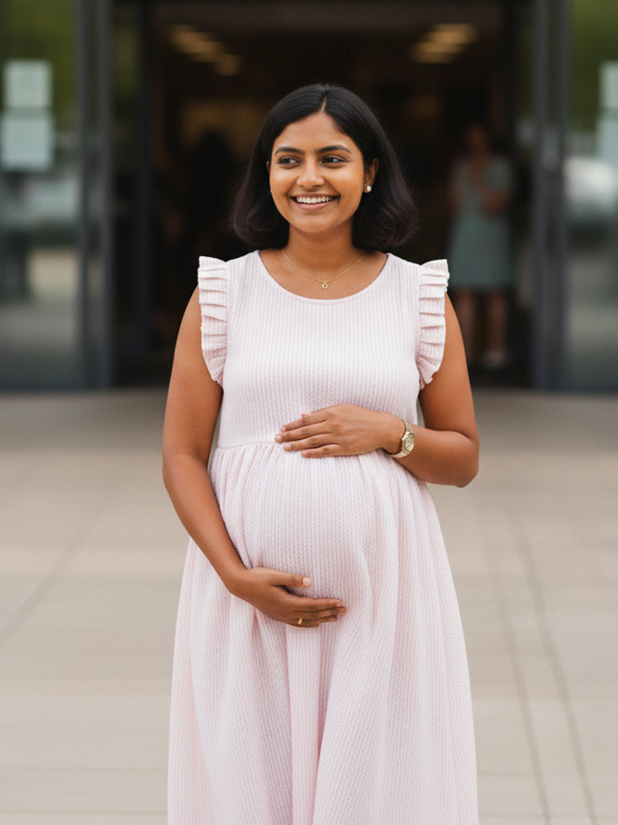 Peach Striped Cotton Maternity & Nursing Dress with Concealed Zips | Ziva