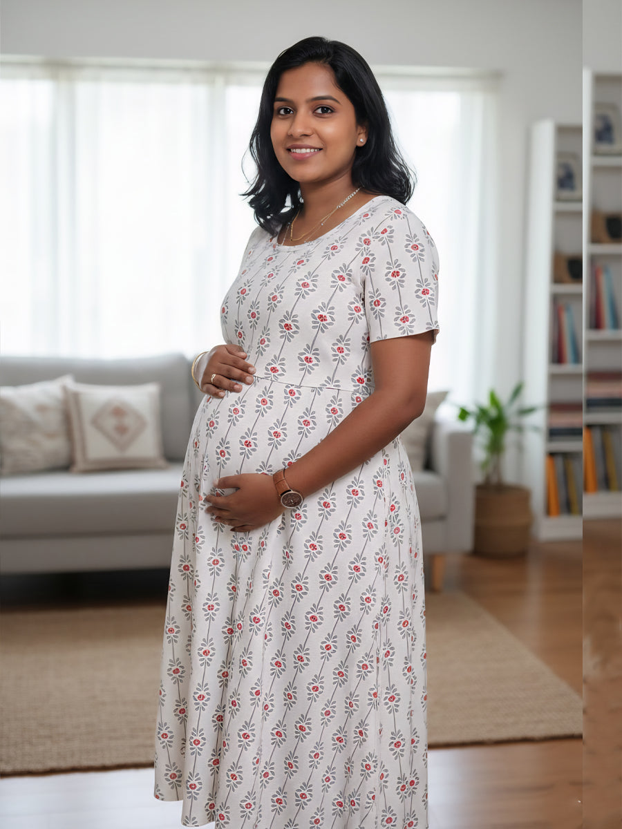 Cream  Floral Knitted Zipless Maternity & Nursing Dress | Ziva