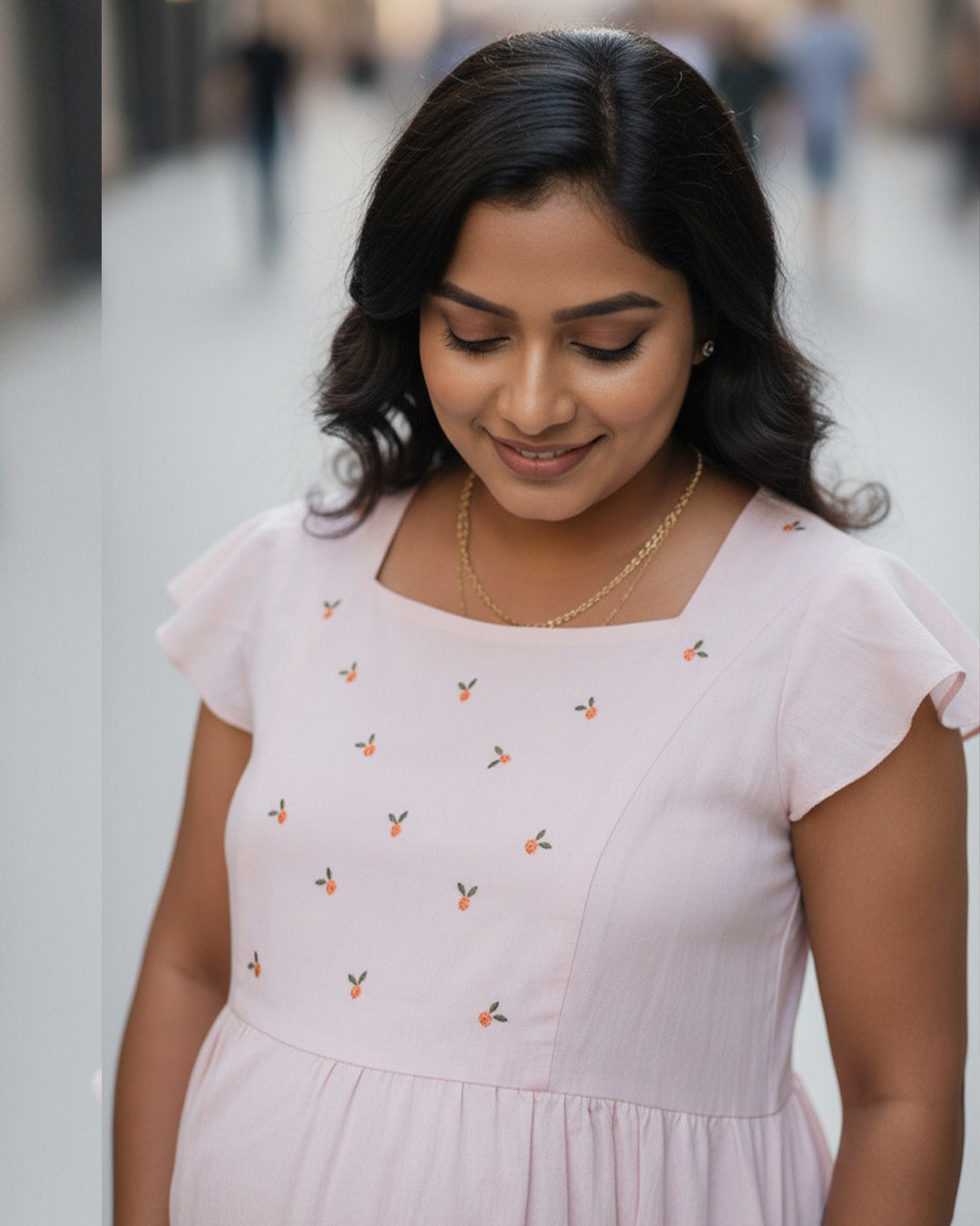 Soft Pink Cotton Maternity Dress with Flutter Sleeves & Nursing Zips ! Ziva