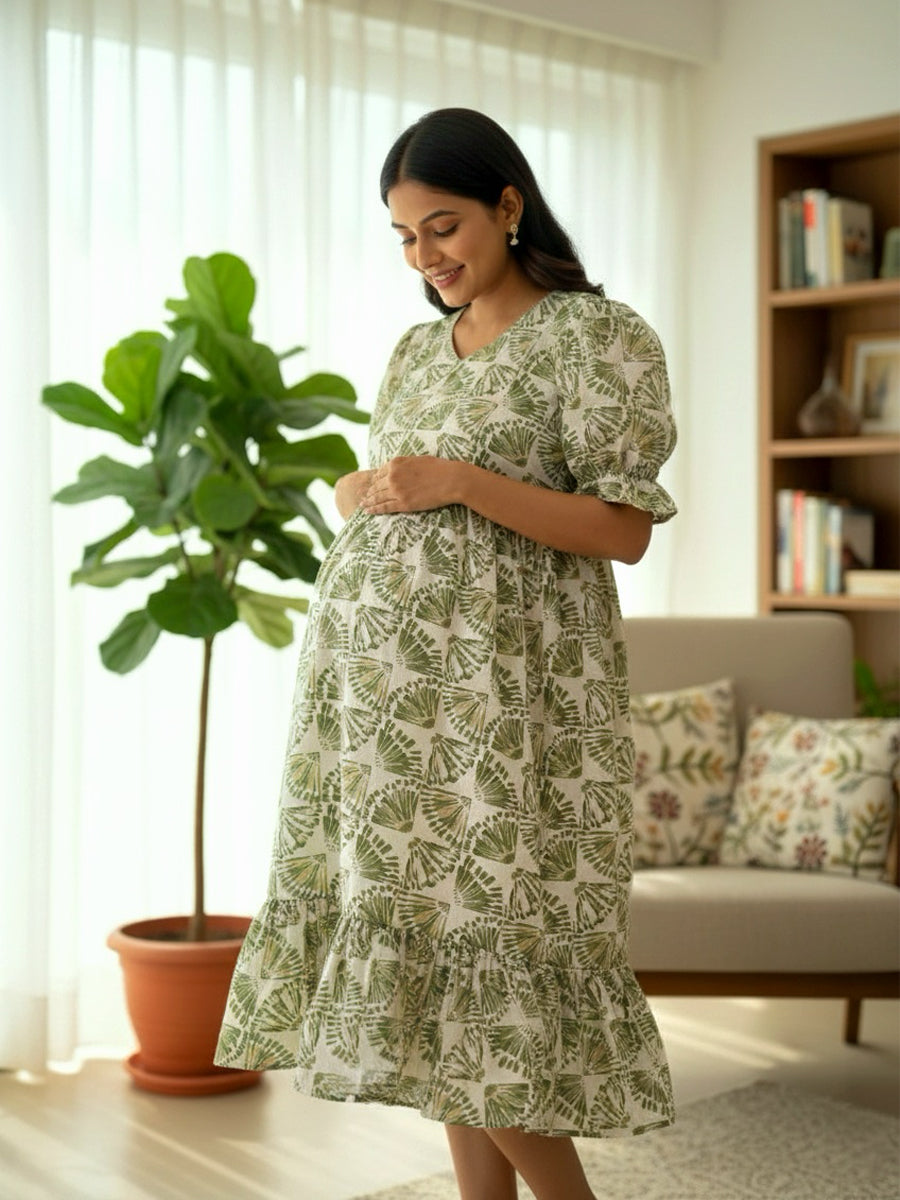 Off-White & Green Floral Block Print Maternity & Nursing Dress Ziva ZIVAMOMS Off-White & Green Floral Block Print Maternity & Nursing Dress Ziva ZIVAMOMS