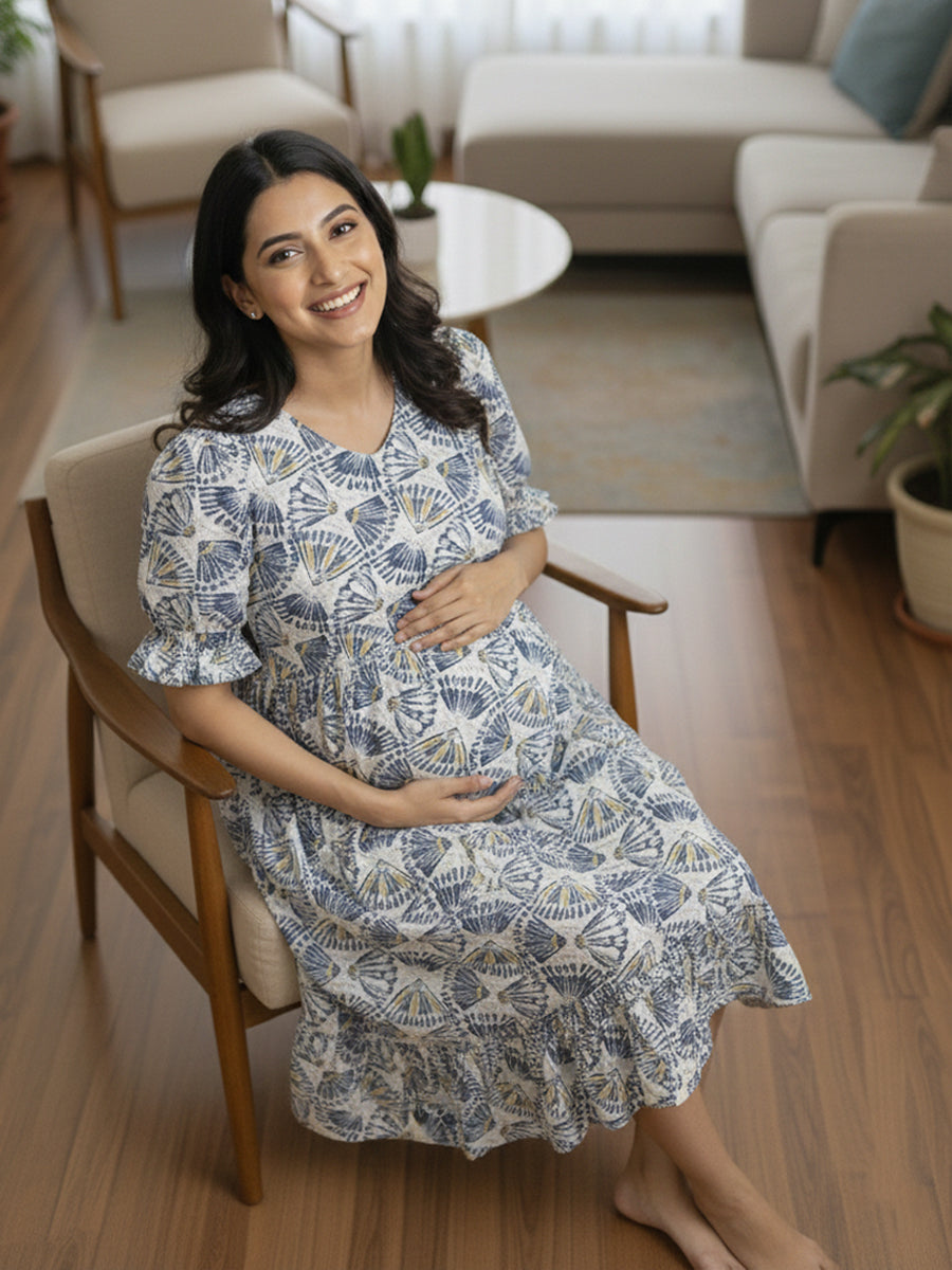 Off-White & Blue Floral Block Print Maternity & Nursing Dress