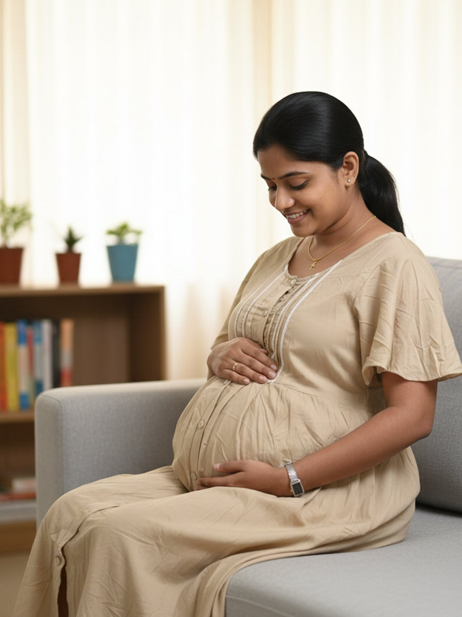 Coffee Cream Full-Open Short Maternity & Feeding Nighty