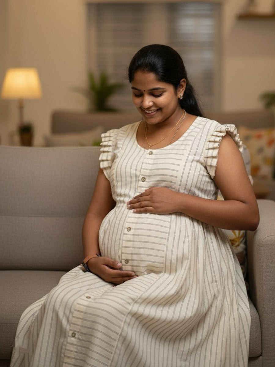 Cream Organic Cotton Maternity & Feeding Dress – Elegant Fine Black Striped print