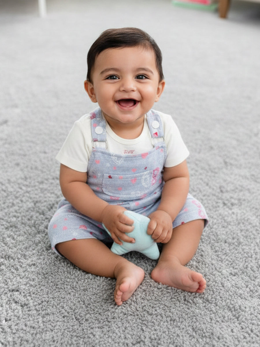 Grey-Blue Heart Print Knitted Jumpsuit with White Inner Top – Soft Baby Boy Romper Set