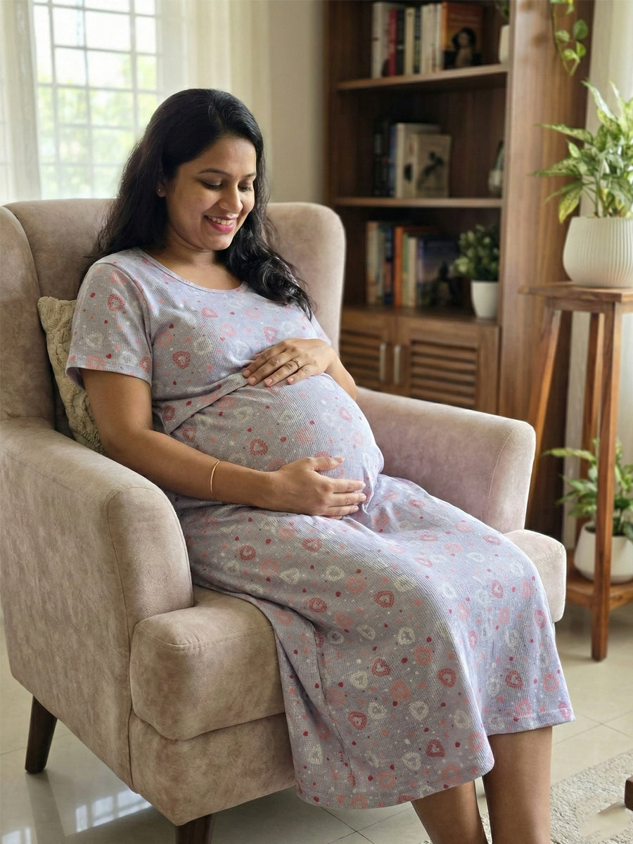 Blue & White Micro-Check Heart Print Maternity & Feeding  Zipless dress