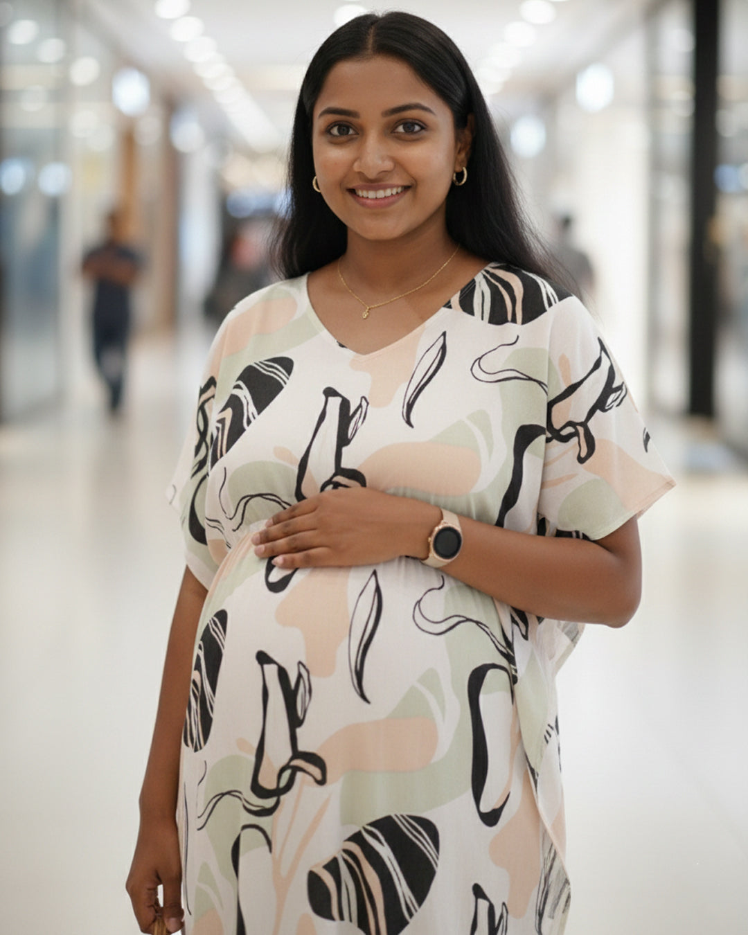 Maternity & Nursing Kaftan – White with abstract print & dual Zips | ziva